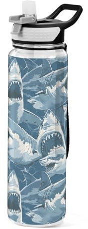 Mnsruu Fierce Sharks Water Bottle 1L with Straw, Leakproof BPA Free Tritan Drink Bottle, Sport Water Bottle for Men Women Kids