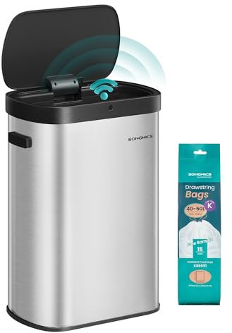 SONGMICS Motion Sensor Kitchen Bin, 13-Gallon (50 L) Automatic Rubbish Bin, Wave or Touch to Open, Soft Close Lid, Stainless Steel, Includes 15 Bags, Metallic Silver and Ink Black LTB640E01