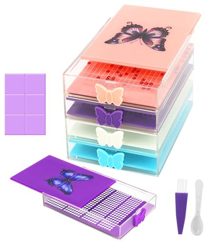 XZTXBest 4 Piece Diamond Art Trays with Butterfly Lids for Adults, 24 PCS Strong Stickiness Clay Glue with Slide Storage Box for Diamond Painting Accessories and Tools