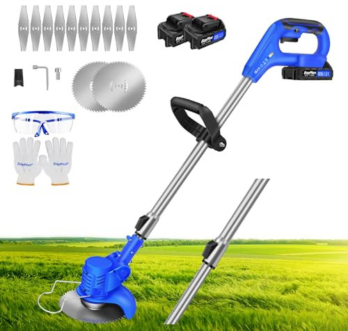 Electric Cordless Grass Trimmer with Metal Blade Garden Lawn Edger 15cm Cutting Diameter, 2 Battery, Fast Charger Included, Blue