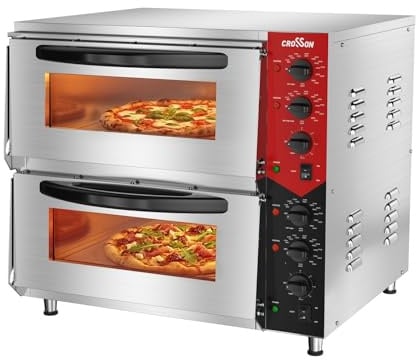 CROSSON Forno Elettrico Doppio per Pizza 50 * 50CM,Forno Pizza Elettrico Professionle in Acciaio Inox Temperatura fino a 350℃ con Pietra,Timer 30 min per Hotel,Ristoranti,6000W