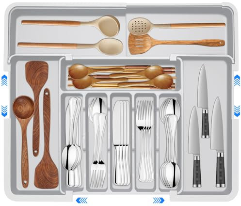 Range Couverts pour Tiroir, Range Couverts, Rangement Couverts Tiroir Cuisine Extensible, Range-couverts avec 9 Compartiments, Organisateur Tiroir pour Contenir des Cuillères et Fourchettes, Gris