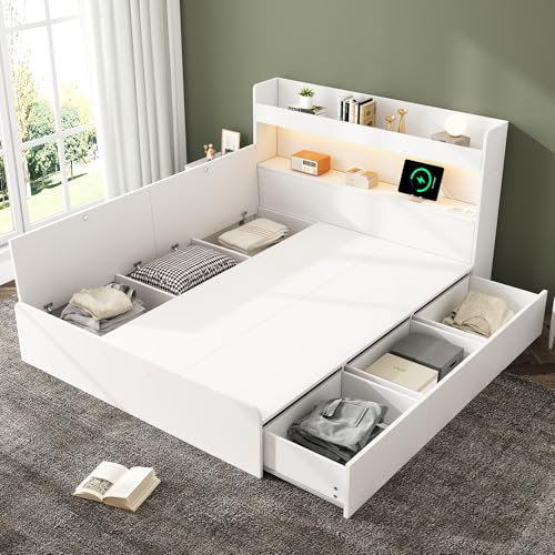 Rtopsu Doppelbett Holzbett 140x200 cm, Bett mit USB und LED-Beleuchtung, Bettgestell mit 3 Stauraum Schubladen und Stauschrank, Jugendbett Stauraumbett mit Lattenrost aus Holz, Weiß, Ohne Matratze