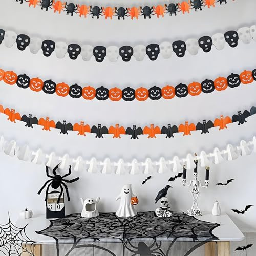 KOMEIYL 5pcs Halloween-Girlande Dekoration Set, Halloween Fledermaus Spinnen Skelett Geist Kürbis Papiergirlande, Halloween Dekoration Papiergirlande, Gilt für Familienfeiern, Kinderfeste
