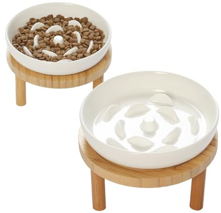 Lusifaco Raised Ceramic Slow Feeder Cat Bowl, Wide Shallow (2 Pack) | 15 CM Elevated Glass Wet Food Puzzle Feeders with Stand, 2 Height Anti Vomit Dish, Whisker Friendly Pet Plate Feeding Station