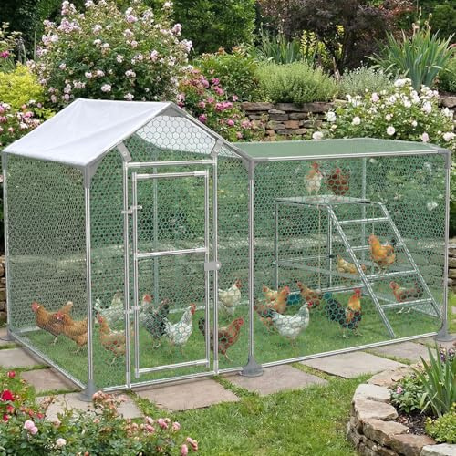 Soontrans Hühnerstall 2x1x1.5 m, Kombinierte Hühnergehege mit Auslauf für Rückzug und Spielen, Verzinkter Stahl & Dachplane & Drahtgitter & Tür, Freilaufgehege Hühner für Garten