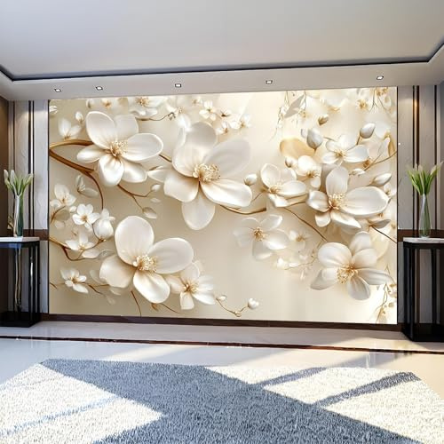 Fototapete Magnolie 3D Effekt Vliestapete 250 x 180 cm Beige Moderne Wandtapete Wandbild für Wohnzimmer Schlafzimmer