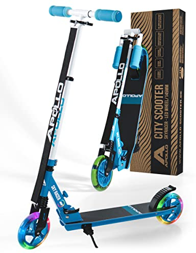 Apollo Skyracer City Roller mit LED Leuchträdern | Roller Kinder 6 Jahre | City Scooter mit Federung | Tretroller für Kinder und Teens | klappbar und höhenverstellbar