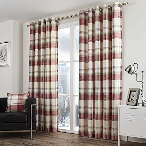Fusion - Balmoral Check - 100 Percent Cotton Pair of Eyelet Curtains - 66 Width x 90 Drop (168 x 229 cm) in Ruby