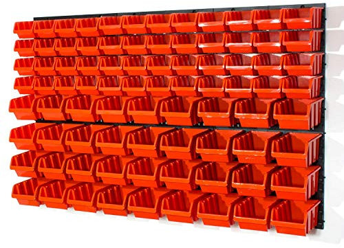 48 orange S size and 36 orange M size storage bins with wall mounted panel