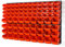 48 orange S size and 36 orange M size storage bins with wall mounted panel