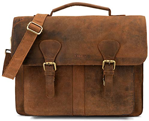 LEABAGS Leder Aktentasche Herren & Damen I Echtleder Laptoptasche bis 15 Zoll I Umhängetasche mit Schultergurt I Schultertasche I Messenger Bag I Arbeitstasche I Lehrertasche I Fox