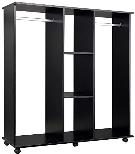 HOMCOM Stand Appendiabiti con 6 Ruote, Appendiabiti da Terra con 5 Ripiani e 2 Aste per Vestiti, Guardaroba Porta Abiti in Legno e Alluminio, per Camera da Letto Soggiorno Corridoio Ingresso, Nero