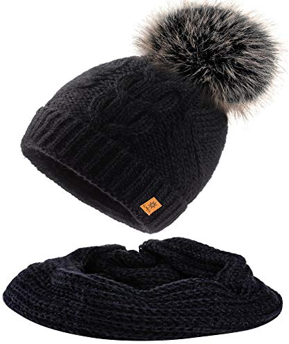 MFAZ Morefaz Ltd Set Mütze & Schal Damen Winter Beanie Wurm Strickmütze Mohair Wolle Fleece Bommel Pom Pom (Black Mütze & Schal)