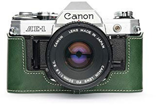 Case for Canon New AE-1 A-1 (No Handle), Zakao Handmade Genuine Real Leather Half Camera Case Bag Cover for Canon New AE-1 A-1 (No Handle) With Hand Strap (Green)