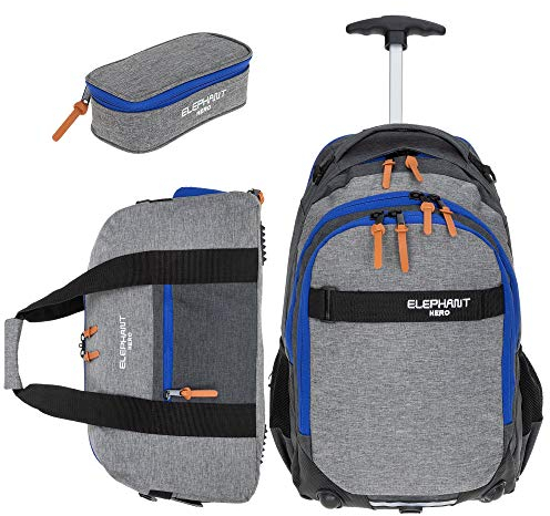 3 Teile Set: Trolley Elephant Hero Signature Schultrolley Trolly Sporttasche Mäppchen (Two Tone Grey-Blue (grau-blau))