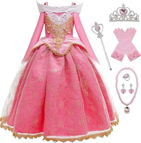 Monissy Fille Déguisement Princesse Aurora Belle au Bois Dormant Enfant Robe de Princesse Dentelle Tenue Halloween Noël Carnaval Soirée Représentation Automne Hiver,Rose,140