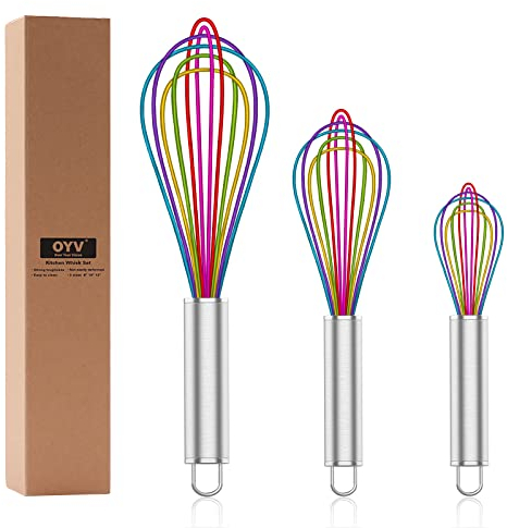 OYV Silicone Whisk,Professional Whisks For Cooking Non Scratch,Stainless Steel & Silicone Wisk,Plastic Rubber Whisk Tool For Nonstick Cookware,Silicon Wisks Set of 3,Rainbow,for Blending,Colorful.
