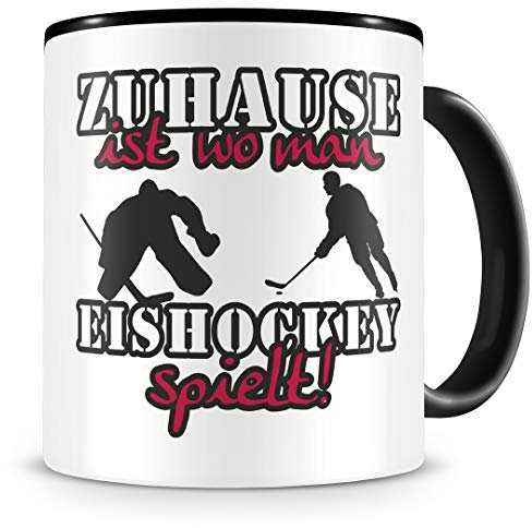 Samunshi® Eishockey Tasse mit Spruch Zuhause ist Eishockey Geschenk für Eishockey Fans Kaffeetasse groß Lustige Tassen zum Geburtstag schwarz 300ml
