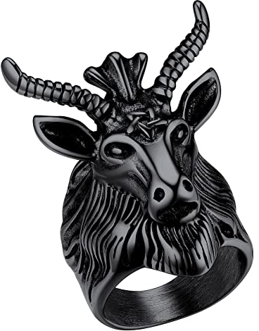 FaithHeart Schwarz Siegelring für Herren Männer Ziegenkopf Ring mit Inverted Pentagram Punk Biker Ring in Größe 57 mit Geschenkebox für Paar Pärchen
