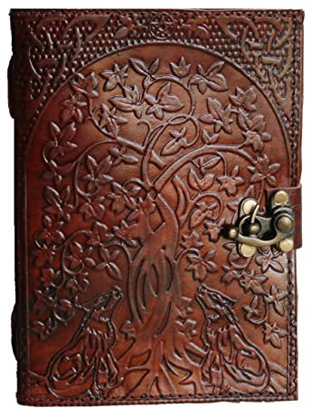 Jaald 18 cm großer Baum des Lebens heulender Wolf Leder Blanko Grimoire Journal Buch der Schatten Zaubertagebuch Notizbuch abschließbares Skizzenbuch für Künstler