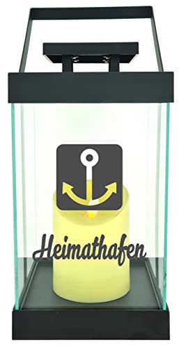 WB wohn trends Edle Glas-Laterne mit LED-Kerze, Heimathafen Anker maritim, Timer, 35cm hoch mit Bügel, 24,5x13x13cm, Batterie LED-Licht LED-Laterne LED-Lampe mit Text Spruch