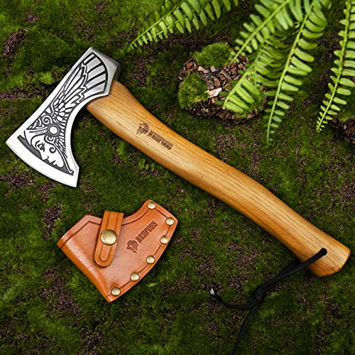 NedFoss 13 Valkyrie Viking Axe, Handmade Viking Hatchet with Leather Sheath, High Carbon 1055 Steel Blade, Premium Viking Axes Design for Camping Bushcraft Hatchet, Collection, Gift for Men Women