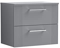 nuie DPF293W Deco Modern Bathroom Wall Hung 2 Drawer Part Fluted Vanity Basin Unit with Worktop, 600mm, Satin Grey