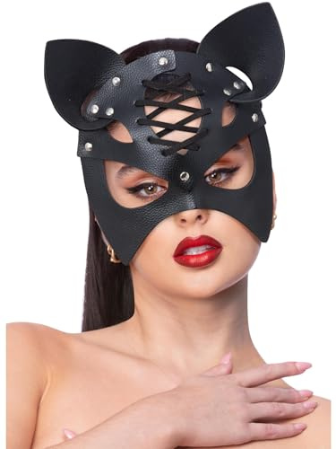 Smiffys Fever Black Mock Leather Cat Mask, Fever Accessories Fancy Dress, Rabbit/Bunny Dress Up Masks