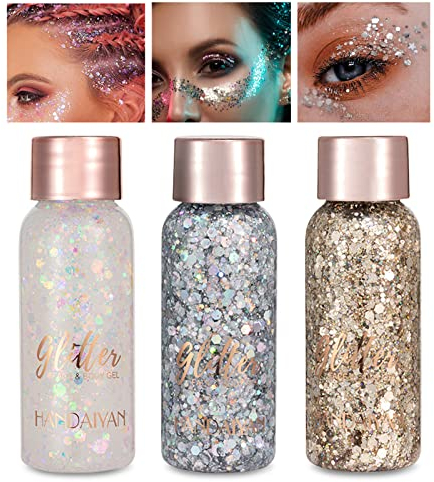 Getervb 3 Pcs Glitzer Gesicht Liquid Chunky Body Glitter Gel Gesicht Körper Glitzer für Face Glitter Sequins Meerjungfrau Pailletten Glitzer für Haar Lip Festival Makeup (White + Silver + Champagne)