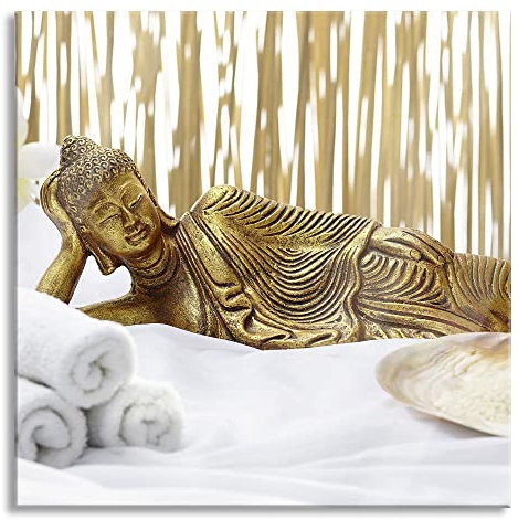 Pixxprint Glasbild, Wandbild auf Echtglas, goldener Buddha auf Handtuch, 40x40 cm, inkl. Aufhängung und Abstandshalter