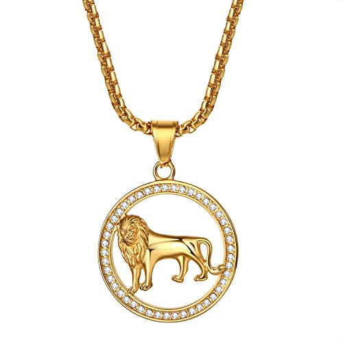 OIDEA Herren Halskette, Löwenkopf Landkarte, Kreis Löwe Krone Doppel Schwerte Römischer Ziffern Tribal Anhänger Edelstahl mit 56 cm Kette, Gold