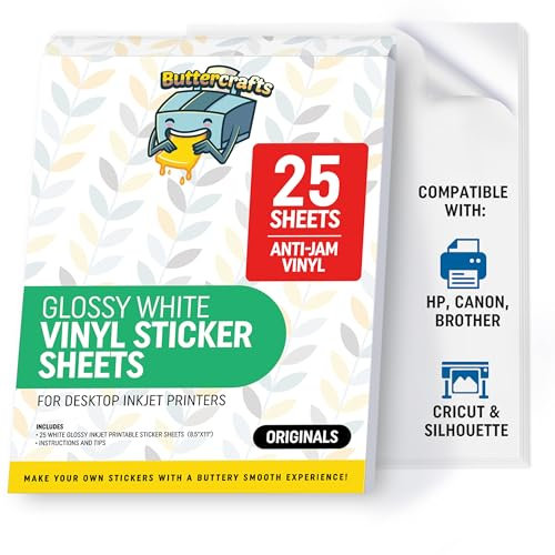 Premium Printable Vinyl Sticker Paper for Inkjet Printer 25 Sheets, 8.5x11 - Glossy Sticker Paper Waterproof, Weatherproof - White Vinyl Sticker Sheets - Strong Adhesive, Laser Labels & Decals