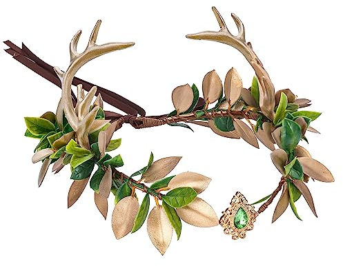 MOSTORY Handgefertigtes Geweih Feenkrone Gold Grün Blatt Kopfschmuck Hirsch Hörner Elf Stirnband Waldelf Kreis für Frauen Mädchen Cosplay Renaissance Abschlussbälle