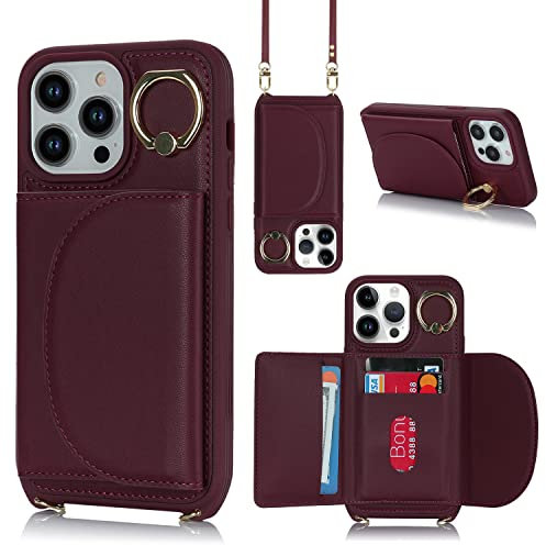 Cavor Crossbody iPhone 14 Pro Max Phone Case With Card Holder With Strap,Flip Leather Wallet Case,[4 Card Holder][Ring Stander][Magnetic],Lanyard Cover Case for iPhone 14 Pro Max - Dark Red