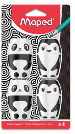 Maped - Lot de 4 Taille-Crayons Shakky Pingouin et Panda - Taille-Crayons avec Réserve et 1 Trou pour Crayons Standards - Facile à Utiliser