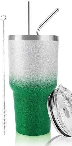 D·S 30 oz Tumbler Christmas Green Glitter Gradient Cup Stainless Steel Double Wall Vacuum Insulated Mug with Straw and Lid, Cleaning Brush for Cold and Hot Beverages