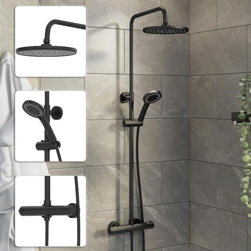BAYSTONE® Bathroom Thermostatic Mixer Shower Round Rainfall Drencher Head Handset Adjustable Riser Rail & Exposed Bar Valve Wall Mounted, Black