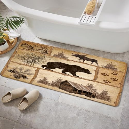 Rustikaler Hütten-Badteppich, Landhausstil, antiker Bär, Elch, Wald, Vintage-Holzdekor, rutschfeste Badematten, Jagd, Camping, Badteppich-Sets für Badezimmer, Schlafzimmer, Küche, Outdoor,