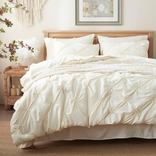 Lanqinglv Pintuck Bettwäsche 200x220 cm Beige Luxus Plisseefalten Wendebettwäsche Set aus Mikrofaser,1 Doppelbett Bettbezug mit Reißverschluss und 2 Kissenbezug 80x80cm