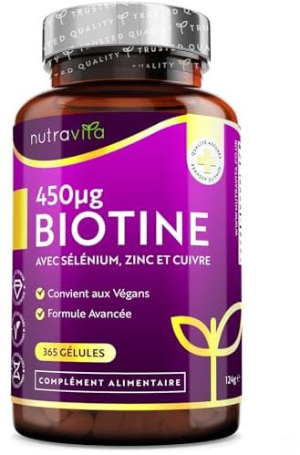Biotine avec Selenium Zinc et Cuivre pour 1 An de Cure, Complément Alimentaire Cheveux Peau et Ongles - Biotine Cheveux Végane - Vitamine Cheveux - Nutravita