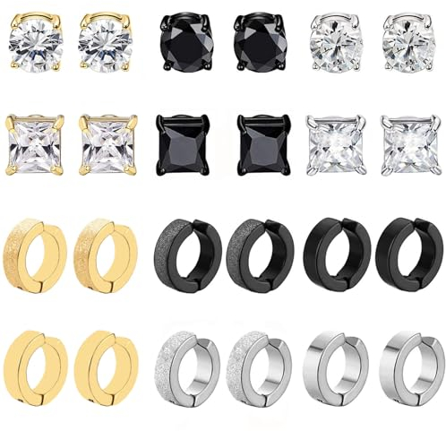 12Paar Magnet Ohrringe Herren Edelstahl Magnetische Ohrstecker für Männer Damen CZ Hypoallergen Nicht Durchdringende Clip Non Piercing Fake Ohrringe Set Silber Schwarz