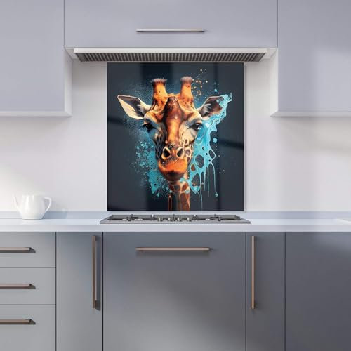 Premium Blue Giraffe Face Splashart Kitchen Splashback 6mm Toughened Glass Kitchen Splashback – Heat Resistant Splashback for Kitchens, Perfect for Cookers and Hobs, Polished Edges