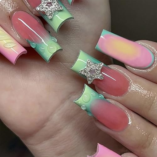 GlamRays 24 Piece Long Square Press On Nails Set Fresh Design Blue French Style Beautiful Yellow Ombre False Nails Iridescent Metal Star 3D Strip Nails