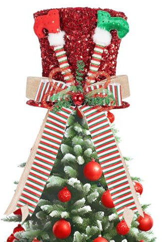 JOYWU Elf Leg Christmas Tree Topper with Red Sequins and Bow Ribbons, Xmas Tree Decoration and Tabletop Ornament