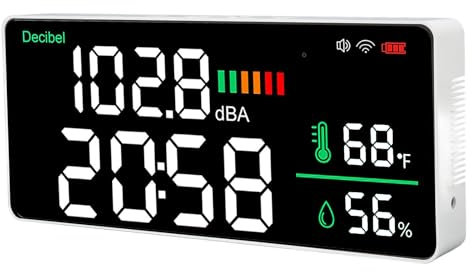 LED-Schallpegelmesser, Dezibel-Thermometer-Hygrometer-Uhr 11-Zoll-Display für, WiFi-Funktion, Hohe Genauigkeit, 4-in-1-Messgerät, Anpassbares Design, Einfaches Aufladen mit APP,