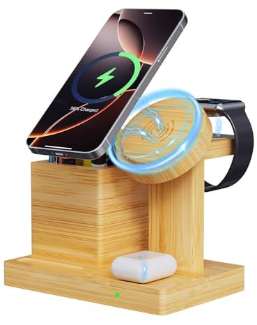 Drahtloser Ladeständer 4 in 1 drahtlose Ladestation mit Stifthalter, Bambus-Schnellladeständer für iPhones 16/15/14/13/12 Pro/AirPodes/Watch, Geschenke für Männer Frauen