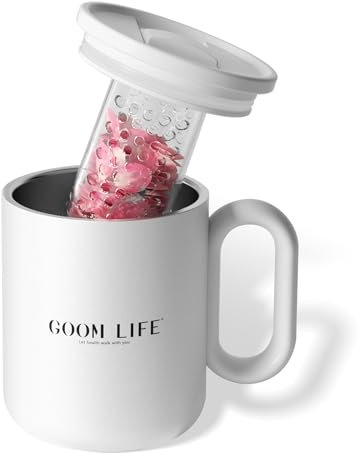 GOOM Travel Coffee Mug, 18/10 Insulated Coffee Cup with Handle, 15oz Stainless Steel Tea Cup with Infuser and Lid for Hot & Cold Drinks,Insulated Mug for Women,Tea Lovers Gifts (White)