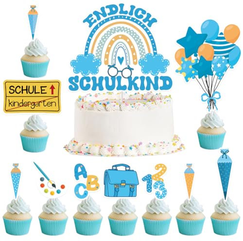 20 Stück Tortendeko Einschulung Junge und Mädchen, Schulanfang Kuchendeko für Schulkind Cake Topper Einschulung Party Torte Dekoration (Blau)