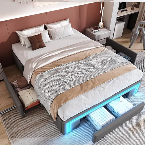 TOBIDOEN Moderne Polsterbett 140x200 mit 3 Schubladen, ohne Kopfteil, Große Stauraum, Multifunktionsbett Doppelbett mit Metallrahmen, PU-Leder, Grau